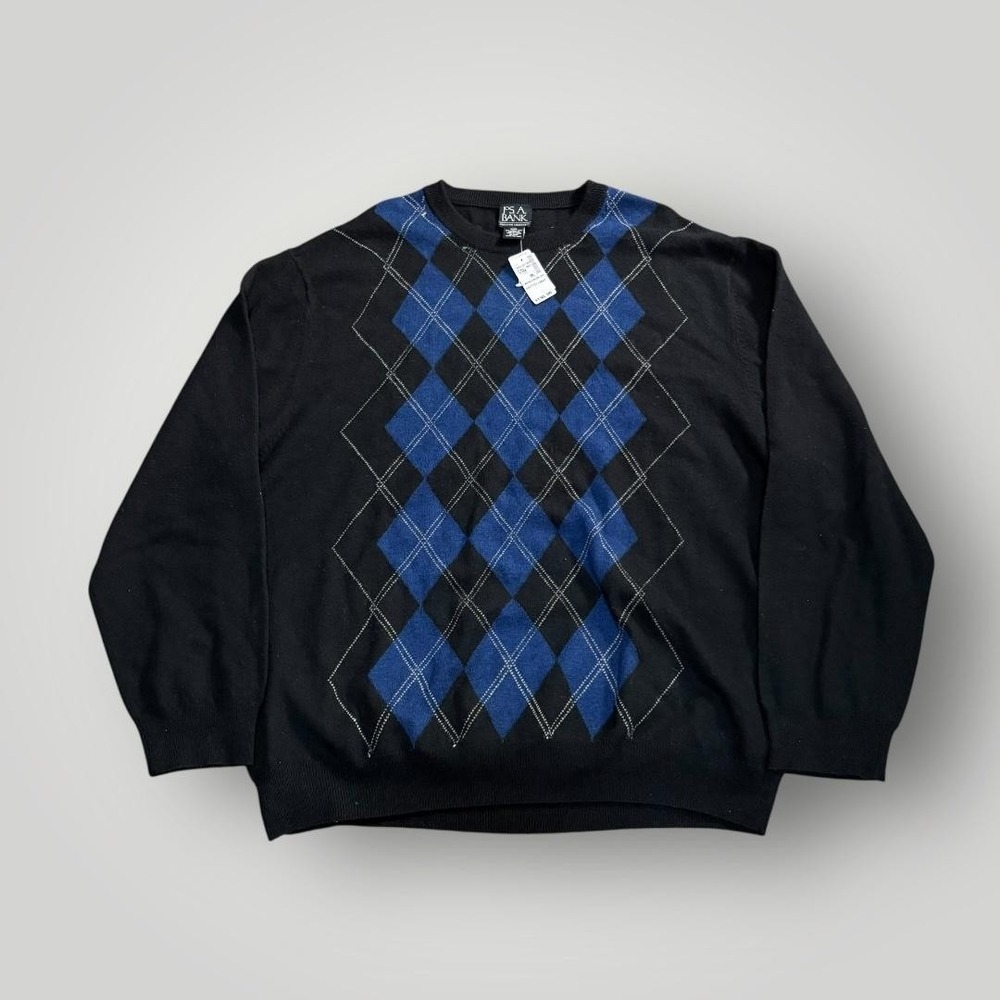 Jos A Bank Sweater Mens 2XL Black‎ Blue Argyle Lambswool Blend Crewneck Pullover